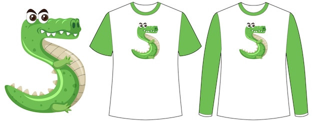 Free Vector set of two types of shirt with crocodile in number five shape screen on t-shirts