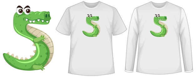 Free Vector set of two types of shirt with crocodile in number five shape screen on t-shirts