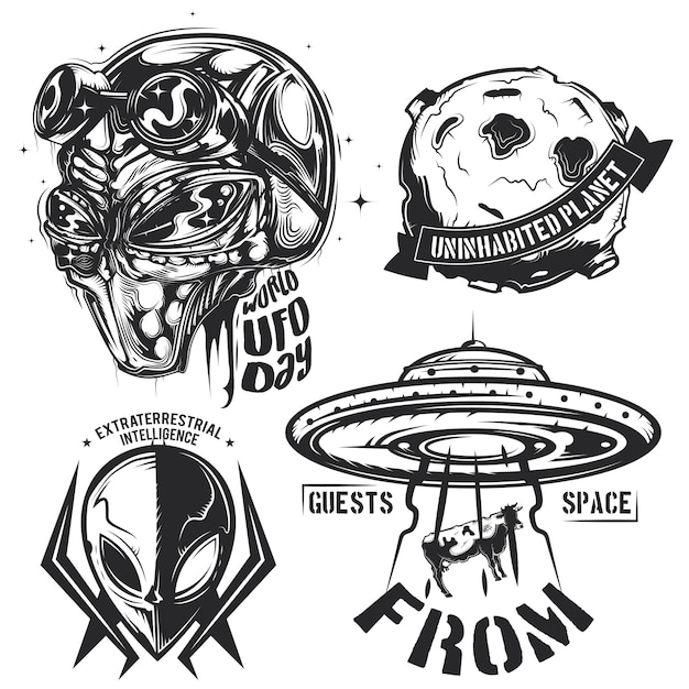 Free Vector set of ufo elements (aliens, flying saucer, planet etc.) emblems, labels, badges, logos.