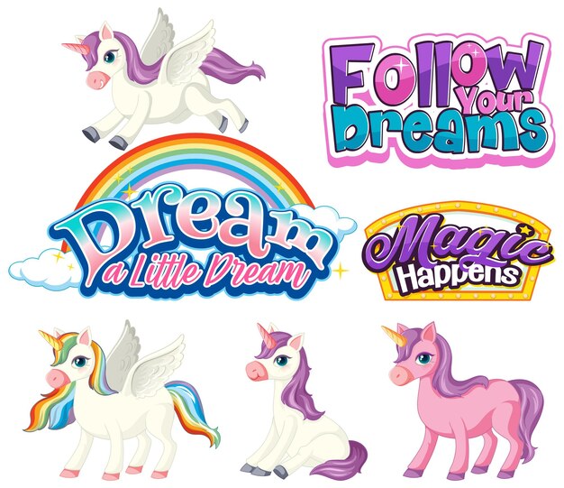 Set of unicorn fairy tales cartoon characters