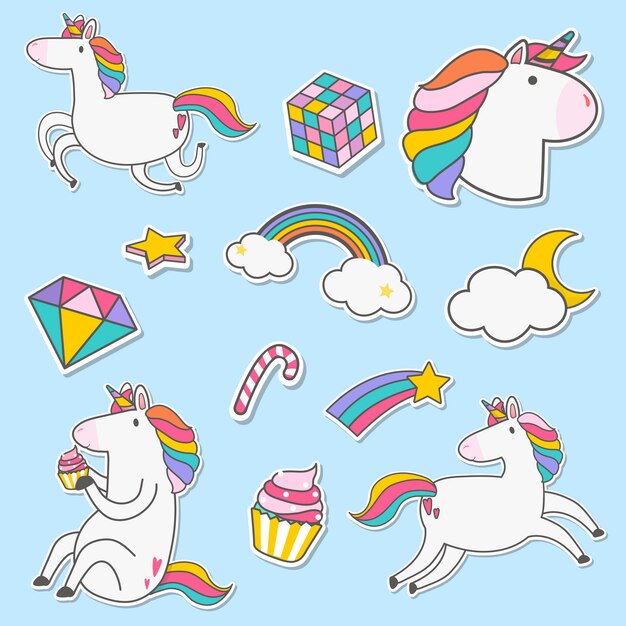 Set of unicorn stickers vector