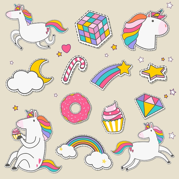 Set of unicorn stickers vector