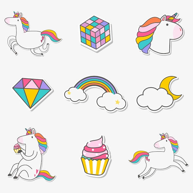 Set of unicorn stickers vector