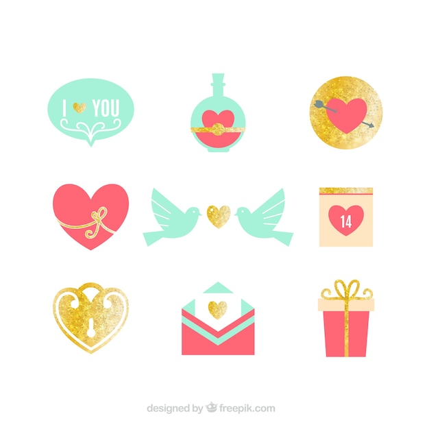 Set of valentine elements with golden details