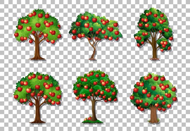 Set of variety apple trees on transparent background