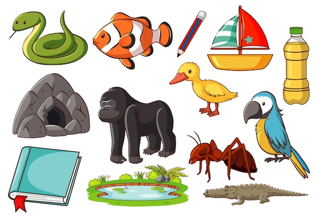 Set of various animals and objects