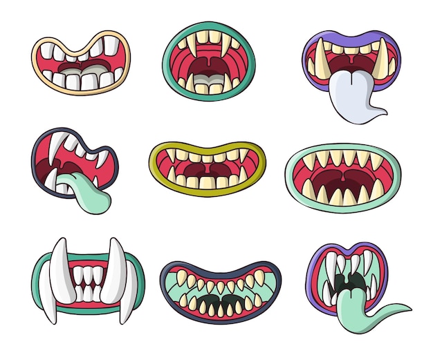 Set of various devil or Monsters mouths cartoon vector