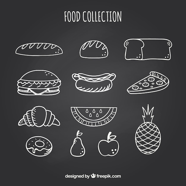 Set of various food elements in chalkboard style