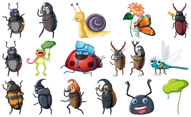 Free vector set of various insects and amphibians cartoon