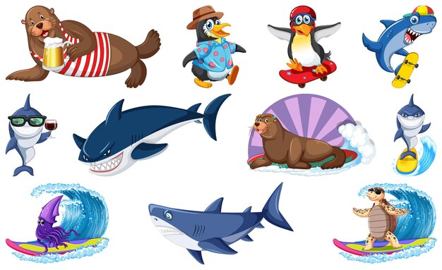 Set of various sea animals cartoon characters