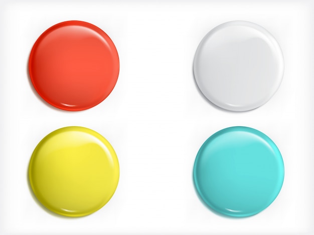 Set of vector 3D design elements, glossy icons, buttons, badge blue, red, yellow and white isolated