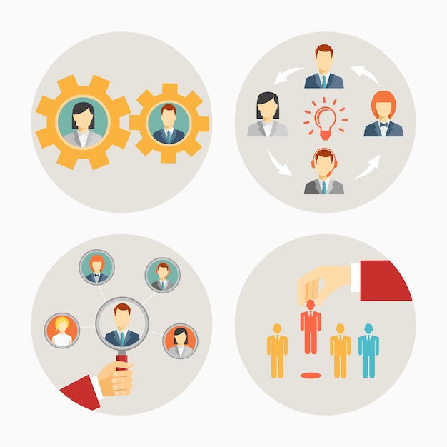 Set of vector business people and staff icons in circles depicting a set of gears for teamwork  a brainstorming group  leadership of a group or team  and recruitment or dismissal