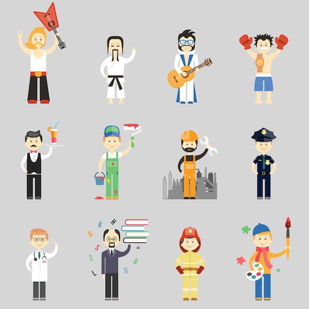 Free Vector set of vector characters in different professions including martial arts  musicians  waiter  painter  construction worker  policeman  doctor  professor  fireman and artist