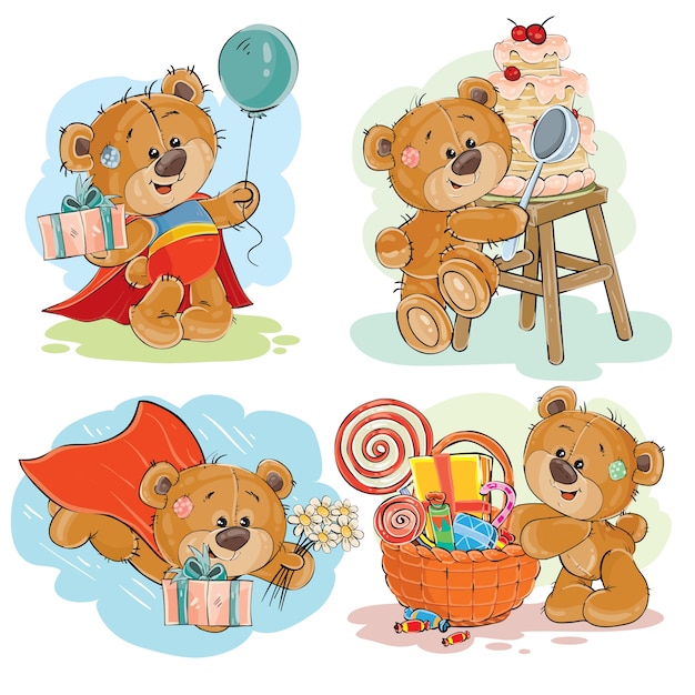 Free Vector set of vector clip art illustrations of brown teddy bear wishes you a happy birthday.