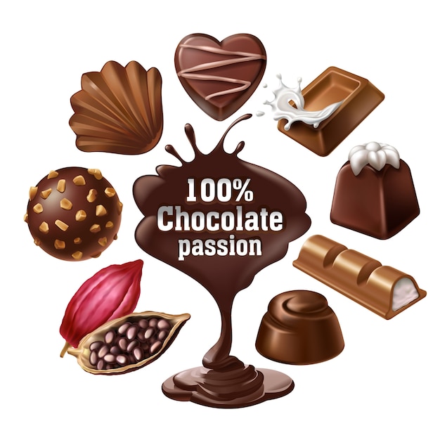 Set of vector icons of chocolate desserts and candies, liquid chocolate and cocoa beans