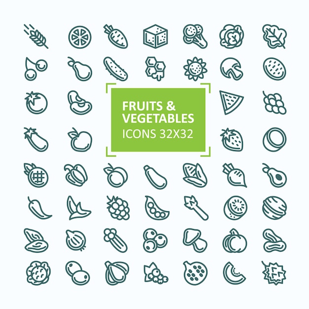 Set of vector icons of fruits and vegetables in the style of a thin line, editable stroke