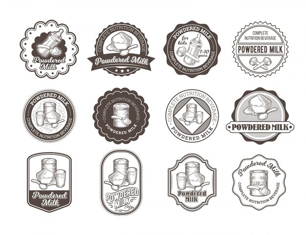 Set of vector illustrations of badges of dry milk.