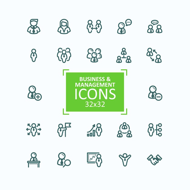 Set of vector illustrations fine line icons, collection of business people icons, personnel management