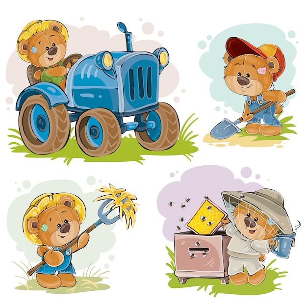 Free Vector set of vector illustrations of teddy bears tractor driver, beekeeper, farmer.