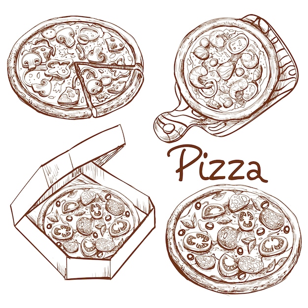 Set of vector illustrations whole pizza and slice, pizza on a wooden board, pizza in a box for delivery.