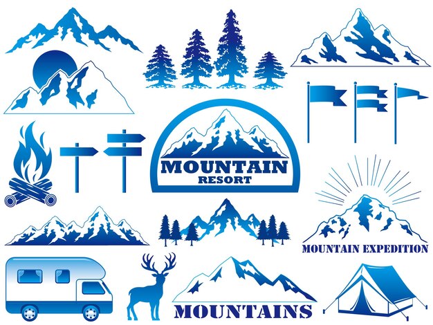 Set Of Vector Mountain Resort And Outdoor Activities Design Elements And Icons.