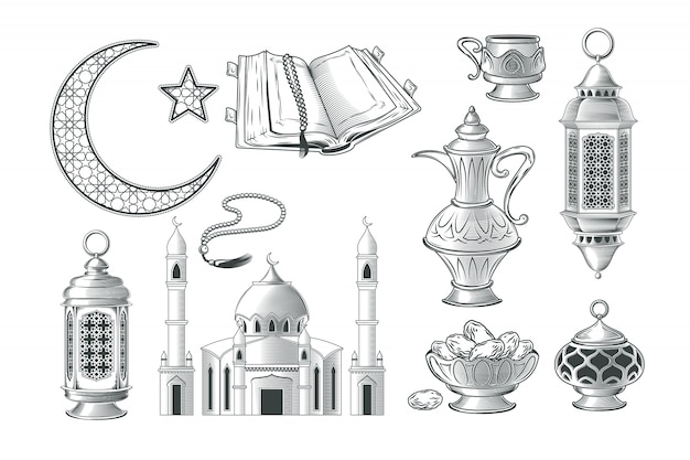 Set of vector muslim illustrations, icons for prayer and ramadan kareem in the style of engraving