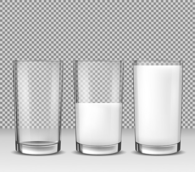 Set of vector realistic illustrations, isolated icons, glass glasses empty, half full and full of milk, dairy product