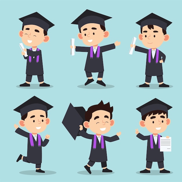 Set vector of teenager with dresses in graduation gowns