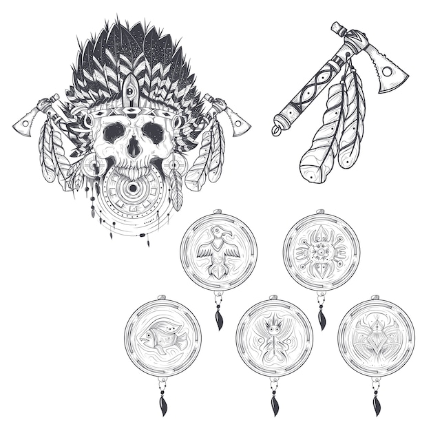 Free Vector set of vector templates for a tattoo with a human skull in an indian feather hat, tomahawk and various dream catchers