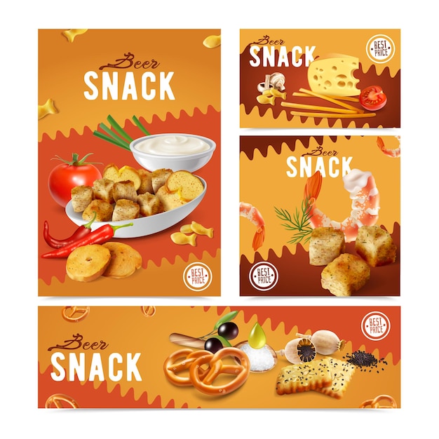 Free Vector set of vertical and horizontal realistic packaging with various salty beer snacks crackers cheese prawns