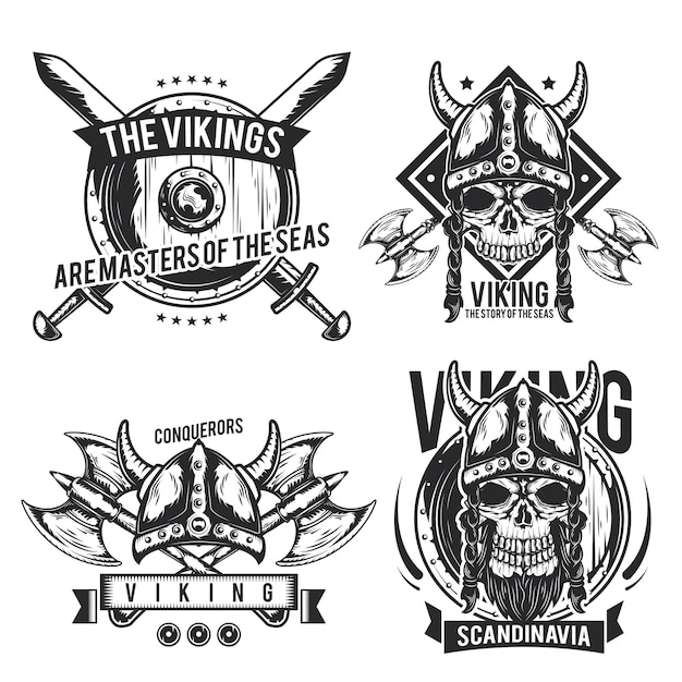 Free Vector set of viking emblems, labels, badges, logos. isolated on white