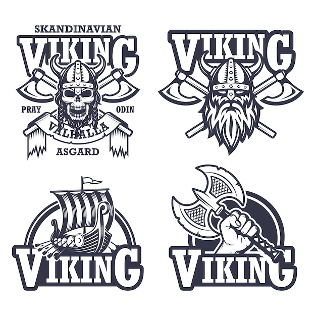 Set of viking emblems, labels and logos. Monochrome style