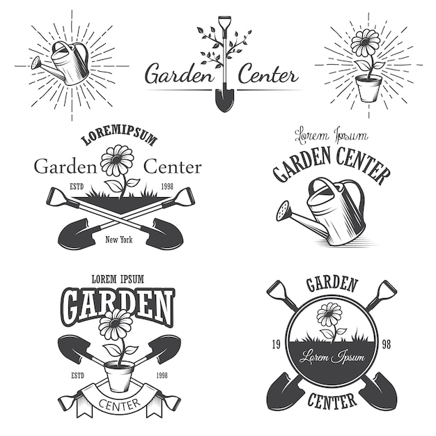 Free Vector set of vintage garden center emblems, labels, badges, logos and designed elements. monochrome style