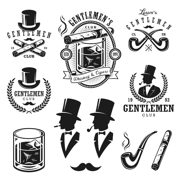 Free Vector set of vintage gentlemen emblems, labels, badges and designed elements. monochrome style