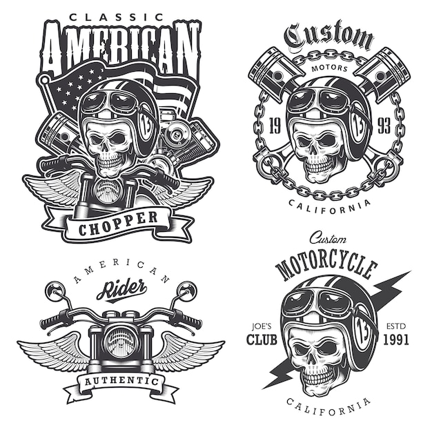 Free vector set of vintage motorcycle  t-shirt prints, emblems, labels, badges and logos. monochrome style. isolated on white background