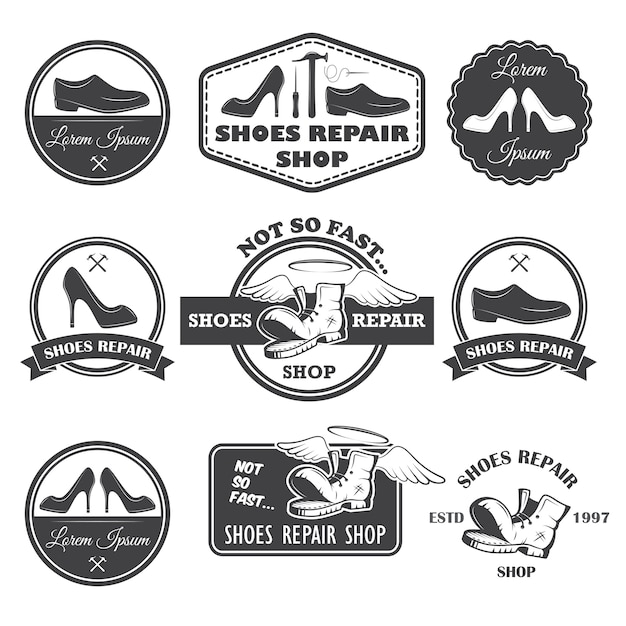 Free Vector set of vintage shoes repair labels, emblems and designed elements.