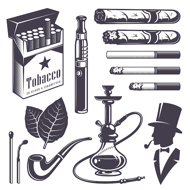 Free Vector set of vintage smoking tobacco elements. monochrome style. isolated on white background.