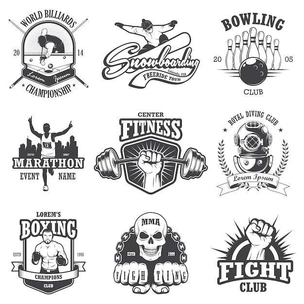 Free Vector set of vintage sports emblems, labels, badges and logos. monochrome style