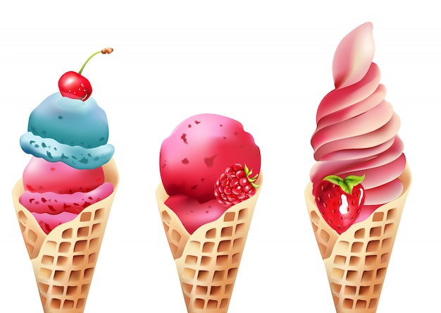 Free Vector set of waffle cone ice creams with cherry, raspberry and strawberry topping