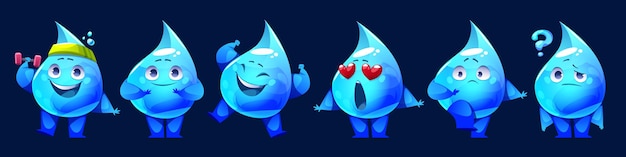 Free vector set of water drop mascots with different emotions vector cartoon illustration of cute aqua droplets execising with dumbbell smiling laughing jumping in love scared thinking with question mark