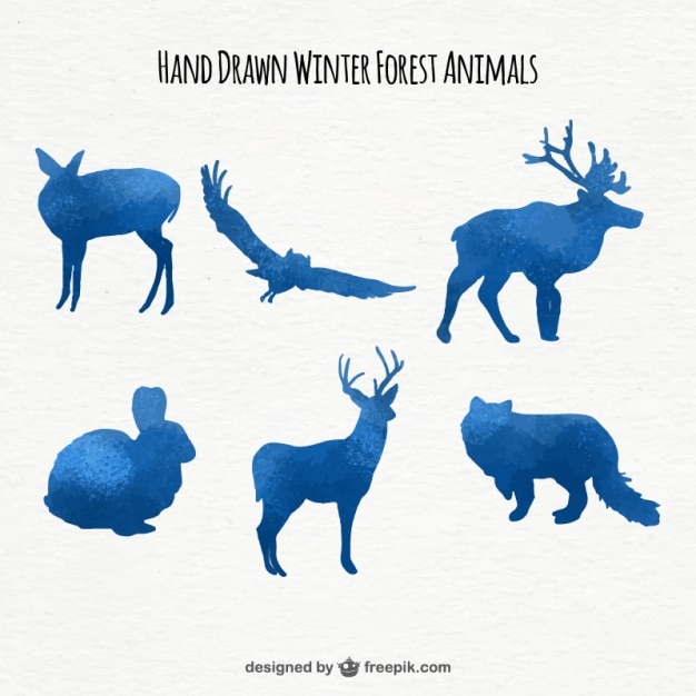 Free vector set of watercolor animal blue color silhouettes