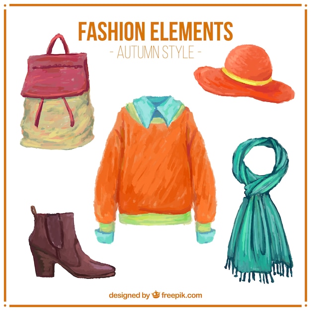 Free Vector set of watercolor autumn clothes with accessories