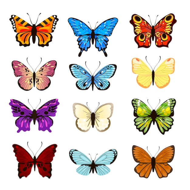 Free Vector set of watercolor butterflies. vector illustrations of insects with different patterns on wings. cartoon collection of silhouettes with flying butterflies isolated on white. nature, tattoo concept