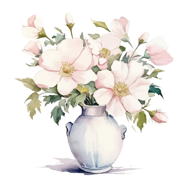 Free Vector set of watercolor dog rose flowers clipart in a flower