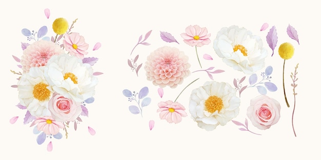 Set watercolor elements of pink roses  dahlia and peony flower