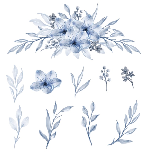 Set of watercolor flower and leaf blue