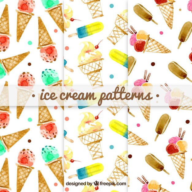 Set of watercolor ice cream patterns