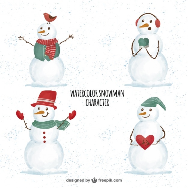 Free vector set of watercolor snowmen in winter clothes