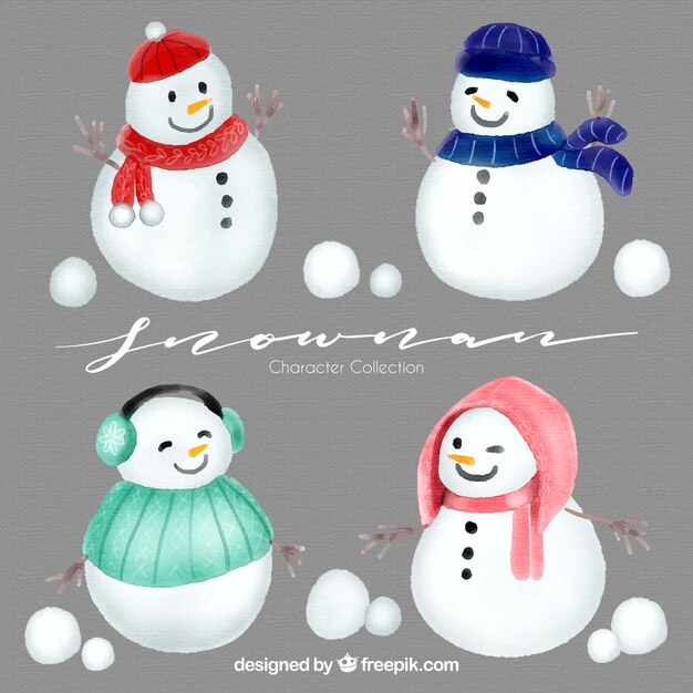 Set of watercolor snowmen