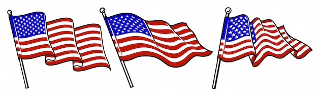 Set of waving USA flags.